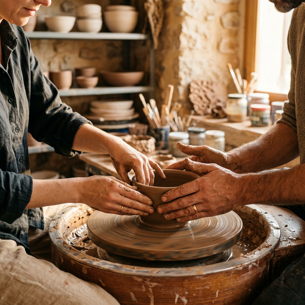 Hands crafting pottery on a pottery wheel